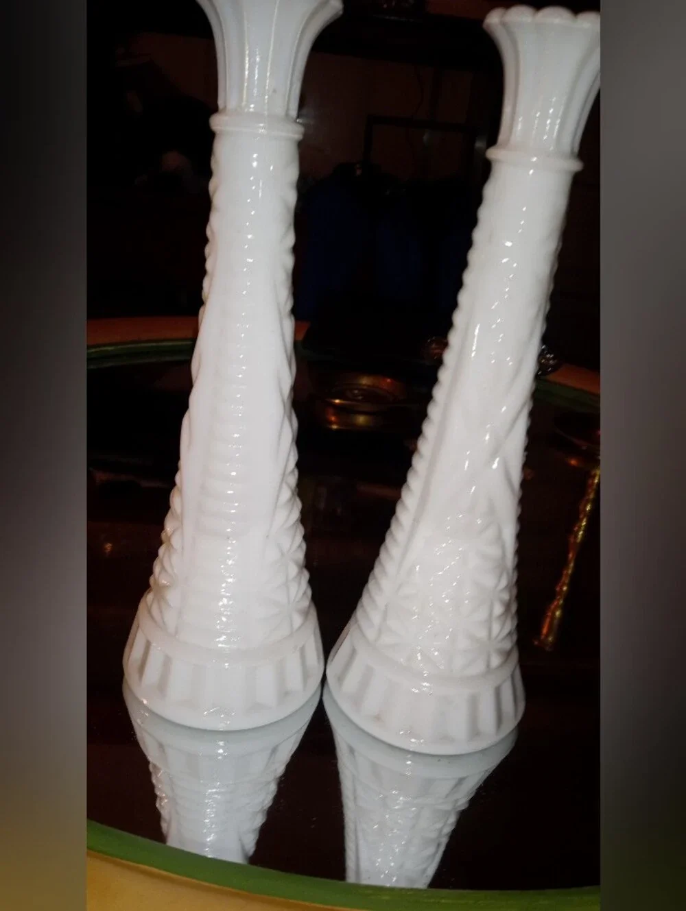 Vintage Anchor Hocking White Milk Glass Stars and Bars Bud Vases - Set of 2
